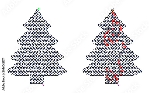 A maze for a coloring book featuring a Christmas tree and a path on a transparent background, isolation