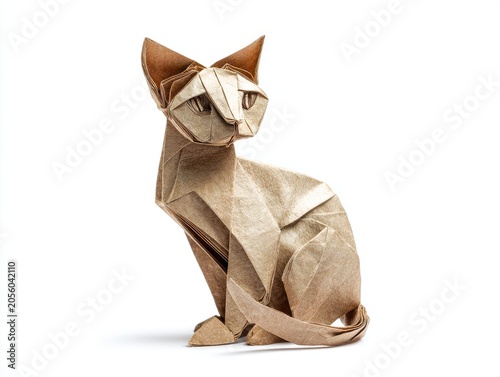 Origami Siamese Cat Sculpture in Neutral Tones on a Clean White Background Studio Shot