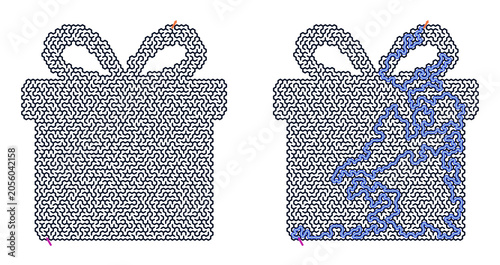 Gift box with bow showing maze solution and concept of isolation, on a transparent background, without a background  