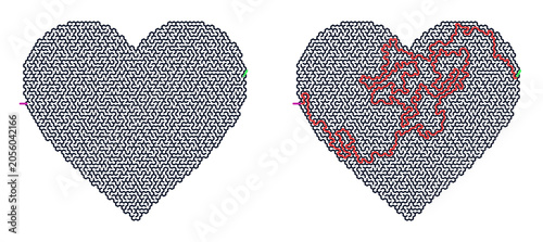 Maze puzzle in heart shape illustrating concept of isolation, on a transparent background, without a background  