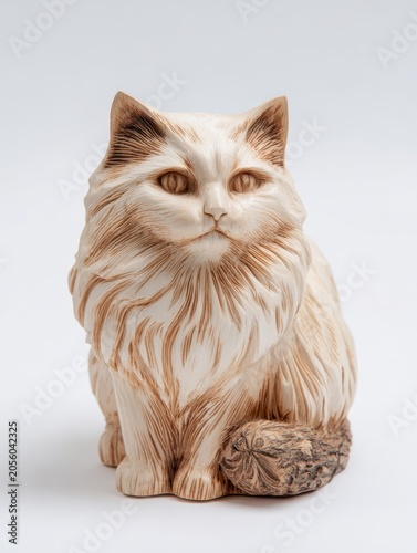 Ornate Cream Colored Cat Figurine With Detailed Fur Texture Against A White Background