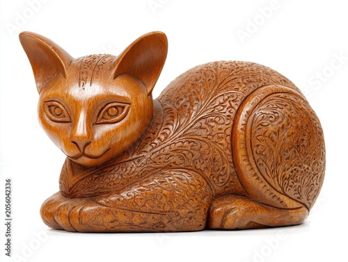 Ornate Brown Wooden Cat Sculpture with Intricate Carvings Isolated on White Studio Background