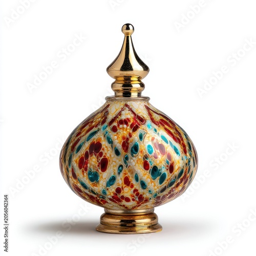 Ornate Glass Bottle With Intricate Red Blue Gold Mosaic Pattern and Golden Cap on White Background
