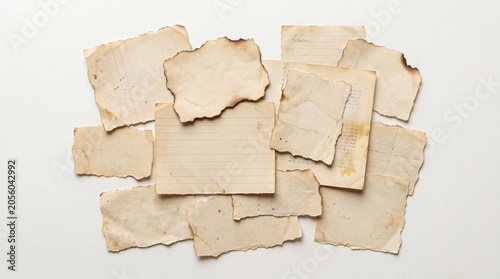 A collection of torn and aged paper pieces scattered on a surface