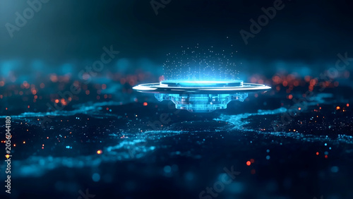 Futuristic Quantum Computer Chip Hovering Above Digital Grid | Abstract Technology And High Tech Computing | Glowing Nanotechnology Device