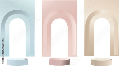 Set of 3d podiums with arch backgrounds in pastel colors for product display vector illustration