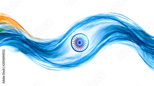 Indian flag colors in wavy abstract design with Ashok Chakra isolated on transparent background