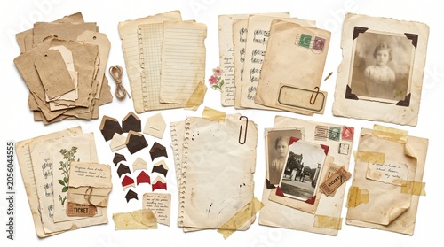A collection of old letters, photographs, and papers with notes are arranged on a white surface.
