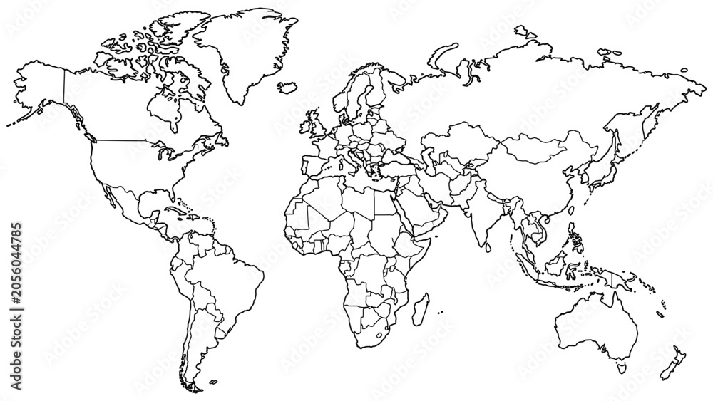 Obraz premium Detailed political world map showing all international country borders with thin black lines and clear continental shapes isolated against a clean white and on transparent background