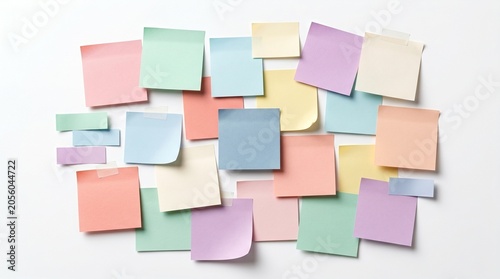 A collection of colorful sticky notes scattered on a white surface
