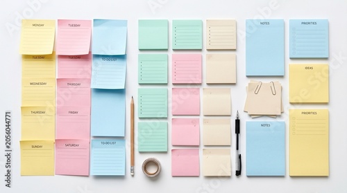 A collection of sticky notes and office supplies on a desk