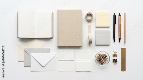Stationery items and office supplies arranged on a white surface for branding purposes