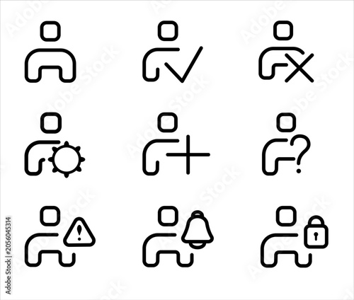 Modern user management line icons set including user approval, deny, add, notifications, warning and account control symbols for dashboard, app and UI design.