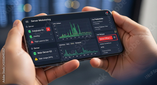 Hands Holding Smartphone Displaying Server Monitoring Application with Critical Alerts