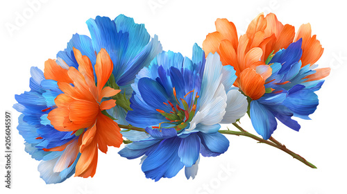 Blue and orange peonies with green stem isolated on transparent background