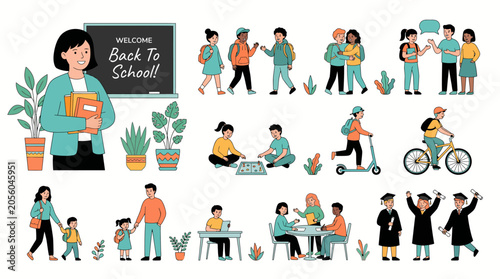 Diverse students and educators on campus getting ready for back to school, studying, collaborating, and enjoying group activities.
