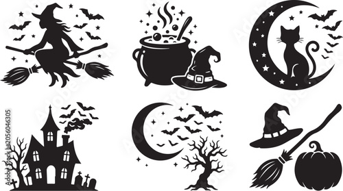 Halloween icons, black silhouette set, 6 spooky symbols, vector graphics