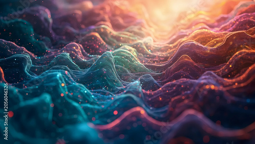 Abstract Digital Wave Landscape With Vibrant Colors | Futuristic Data Terrain And Flowing Energy | 3D Visualization Of Technology Surface