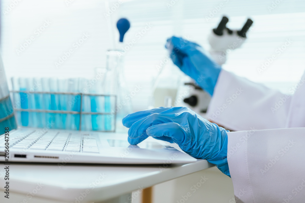 Fototapeta premium Laboratory scientist entering research data on a laptop in a modern lab, supporting sample analysis, quality control, scientific documentation, and laboratory workflow management.