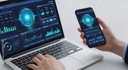 Person Using Laptop and Smartphone with Ai powered Data Analytics Interface