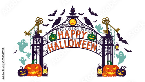 Fotografie Halloween Archway: A spooky and festive Halloween archway decorated with pumpkins, bats, ghosts, and crows, inviting all to a night of ghoulish fun