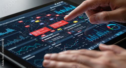 Human Hand Interacting with a Digital Tablet Displaying Cybersecurity Monitoring System and Alerts
