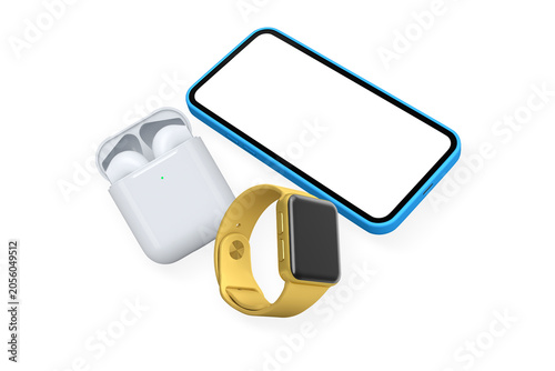 Smartphone, wireless earbuds and digital smartwatch isolated on white background, concept of modern tech