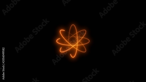Obraz na plátně "An abstract of an atomic model, featuring glowing orange color 4k illustration light trails on a Black background, suitable for science, physics, technology, and educational projects