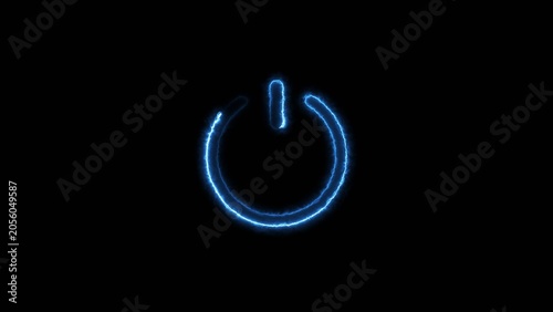 Fotografie A neon power button symbol blue color 4k illustration against black background in simple graphic style
