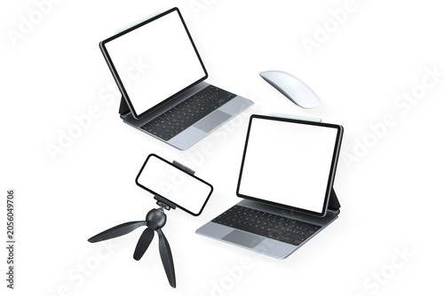 Tablets, laptop keyboards and smartphone on tripod isolated on white background, concept of modern digital workspace