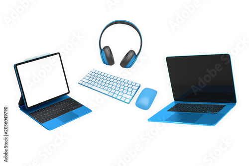 Assorted modern digital devices shown in minimal style isolated on white background, conveying concept of contemporary technology