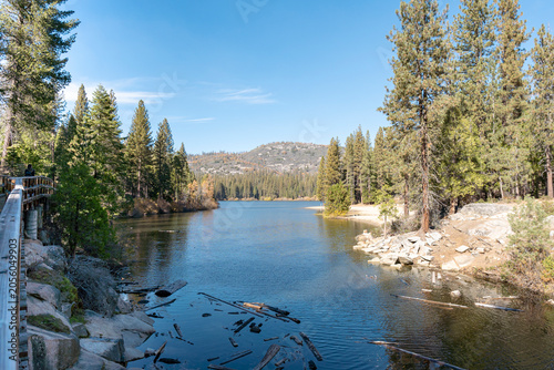Hume Lake Wooden Boardwalk with Rocky Shoreline Sequoia National Forest California