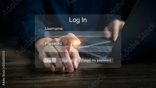 Person typing login credentials on digital interface with glowing security fields