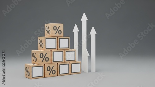 3D Illustration of Wooden Cubes with Percentage Signs and Upward Arrows Symbolizing Financial Growth and Interest Rate Increase