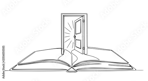Schilderij op canvas Open book with doorway and light rays, continuous line drawing, concept of knowl