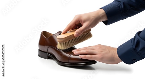 Person Polishing Brown Leather Shoe with Brush Close-Up Minimalist Lifestyle