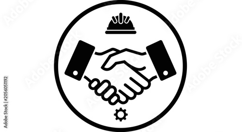 Icon of handshake with construction helmet and gear symbol.