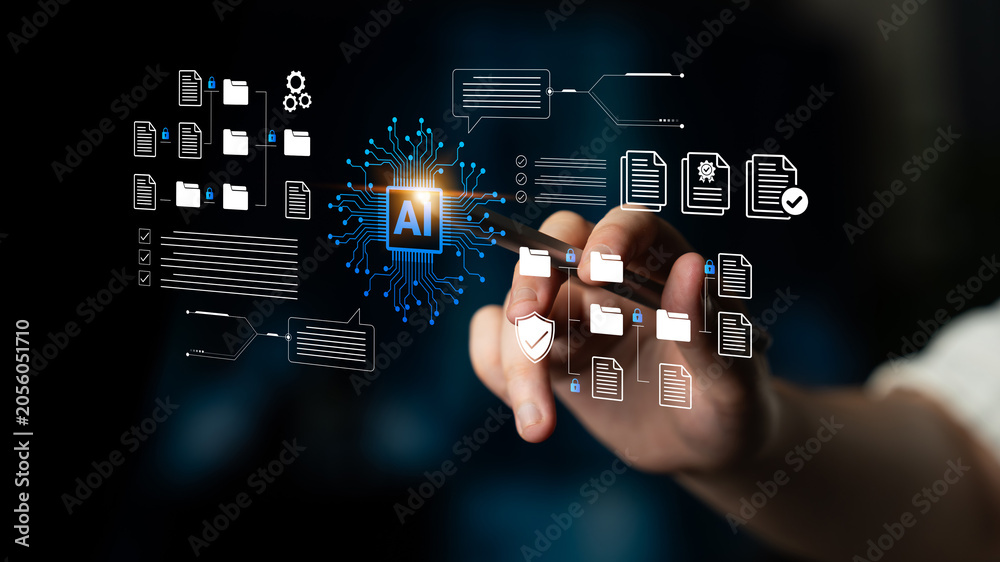 Fototapeta premium A close-up view of a hand interacting with a digital interface representing artificial intelligence, focusing on various file icons and data management elements in a futuristic environment. Cyphers