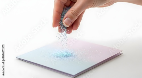Hand Sprinkling Glitter Powder on White Surface Close-Up Minimalist Background
