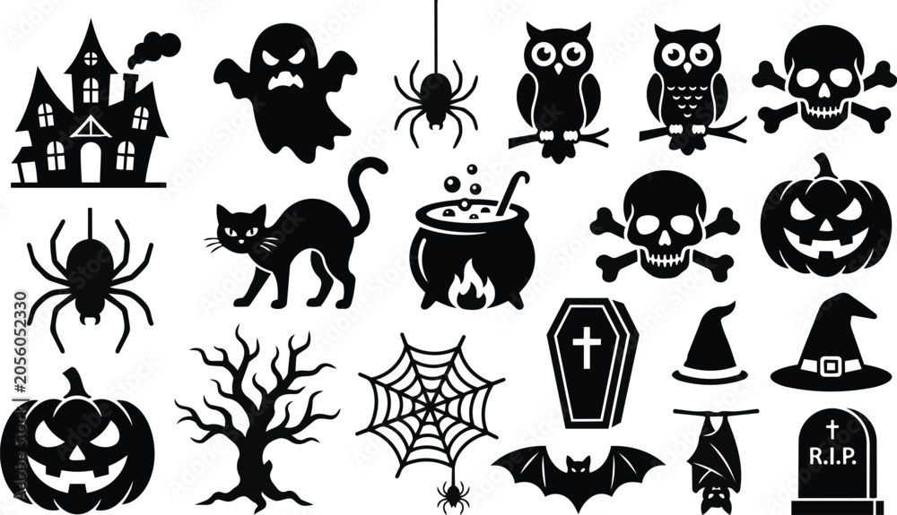Obraz premium Halloween icons set with spooky elements and festive symbols in flat line art style