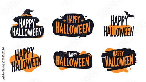 Foto Happy Halloween Collection: A festive compilation of six unique Happy Halloween graphic elements, featuring spooky bats, witch hats, and bold typography in classic orange and black