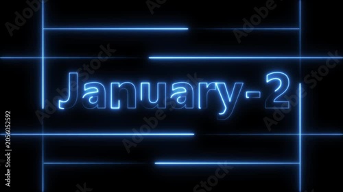 Abstract Neon January 2 calendar date Animation 4k video. Neon bright 2 January date text blue color animation. Suitable for event promotion, important.