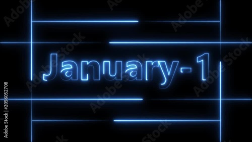 Abstract Neon January 1 calendar date Animation 4k video. Neon bright 1 January date text blue color animation. Suitable for event promotion, important.