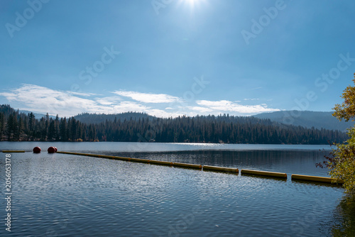 Hume Lake Swim Area with Buoy Line and Snow-Capped Mountain Peak California