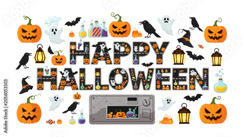 Schilderij op canvas Happy Halloween Graphics: A collection of festive Halloween-themed elements, including pumpkins, ghosts, bats, crows, potions, and lanterns, artfully arranged to spell out Happy Halloween