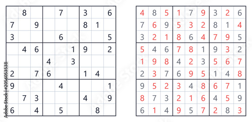 Classic Sudoku puzzle with red solution numbers on completed grid
