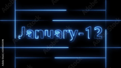 Abstract Neon January 12 calendar date Animation 4k video. Neon bright 12 January date text blue color animation. Suitable for event promotion, important.