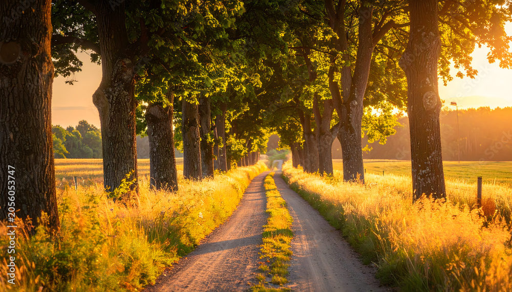 Obraz premium Summer countryside road bordered by tall trees during sunset creating a peaceful serene warm beautiful majestic immersive landscape photograph generative AI
