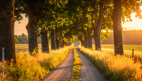 Summer countryside road bordered by tall trees during sunset creating a peaceful serene warm beautiful majestic immersive landscape photograph generative AI