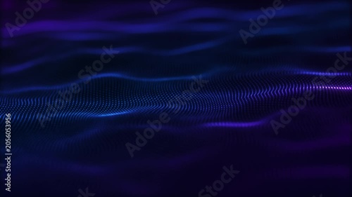 Layered blue particle waves form a flowing digital landscape with subtle violet highlights, ideal for technology, data visualization, science, and abstract media.